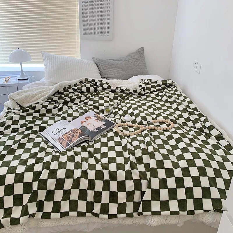 Gingham pattern plush blanket for modern interior
