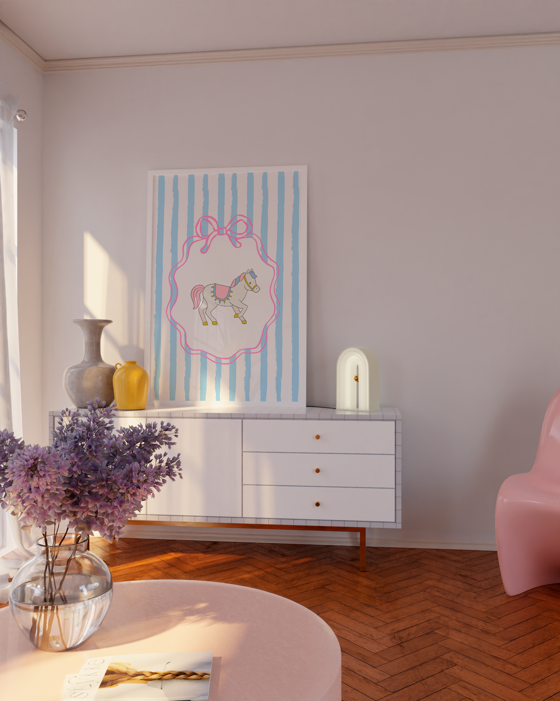 Printable wall art set with striped backgrounds and sweet baby room motifs, ideal for soft girl parenting spaces.