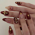 Pink Gradient Almond Fake Nails with Cross Design