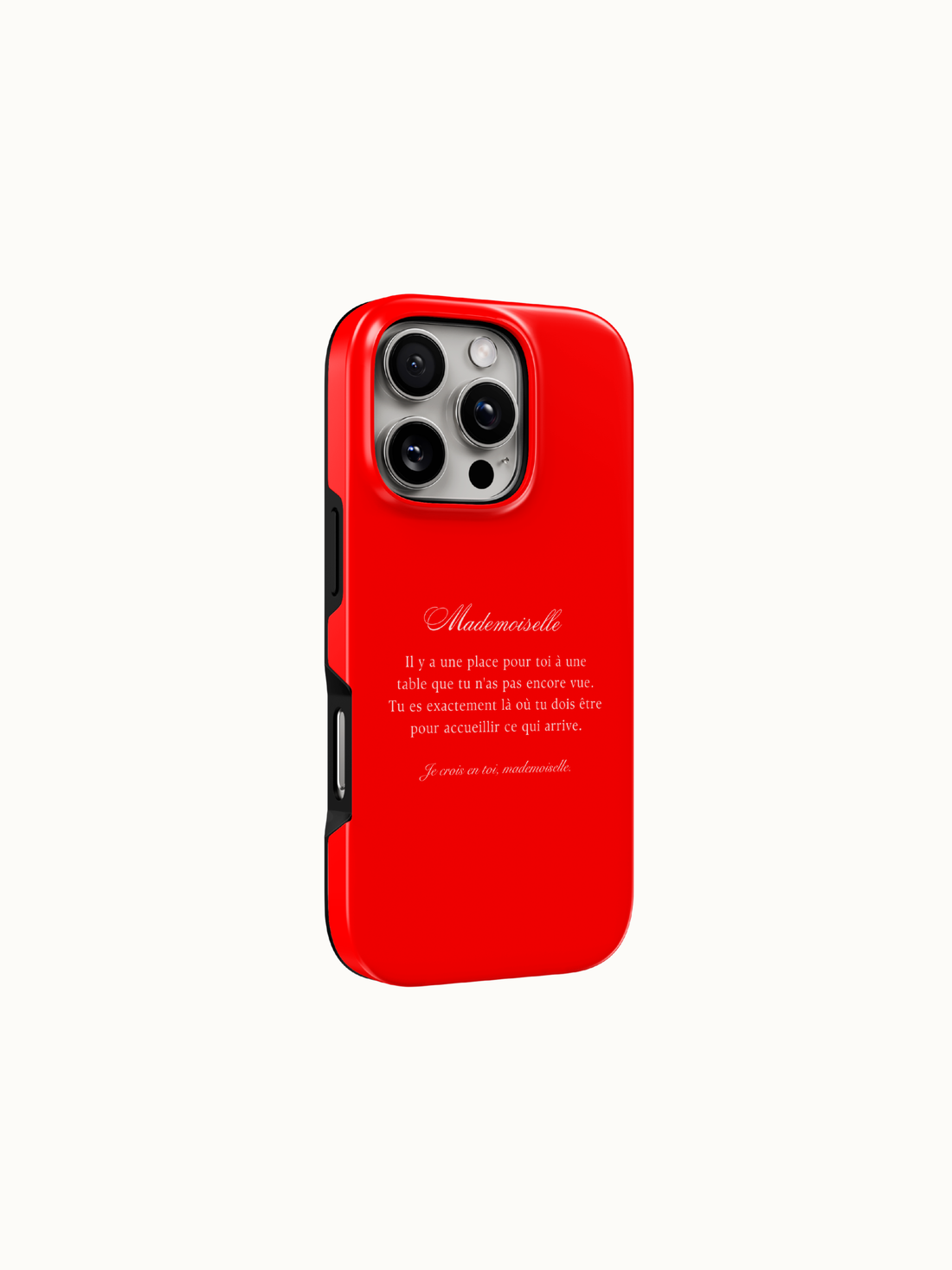 Red phone case with white Mademoiselle French poem, back view on an iPhone, The Feelz
