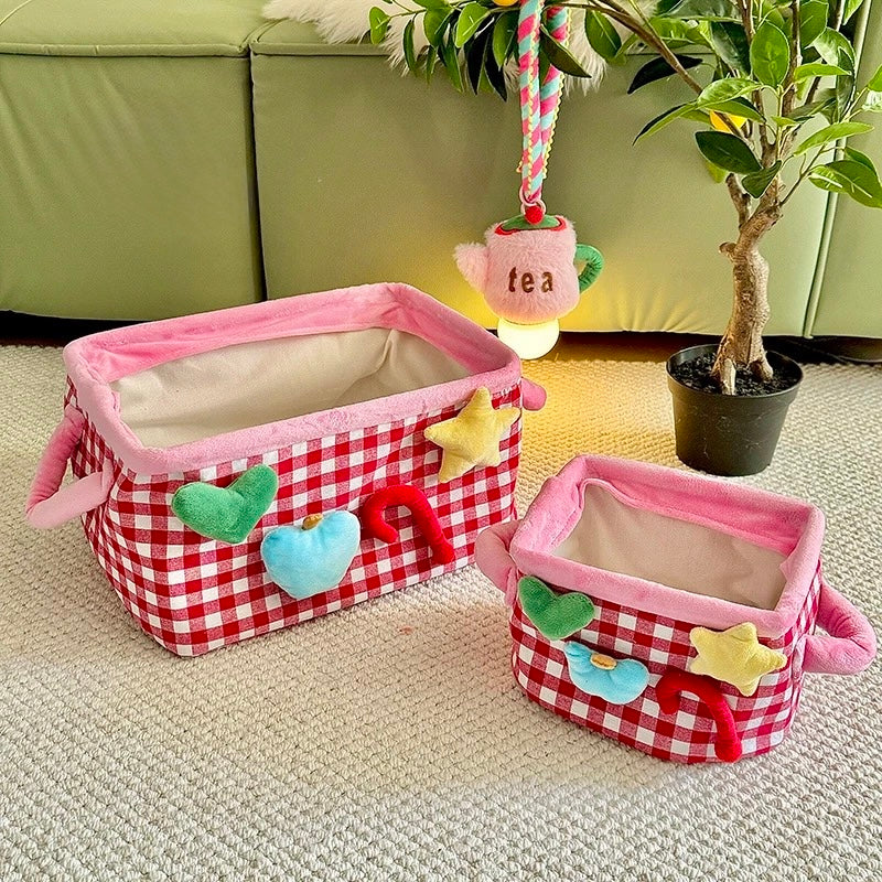 Red plaid storage basket set with small and medium sizes shown together