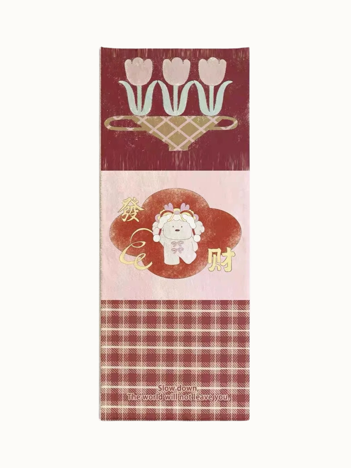 A red tulip runner rug has pale flowers above a white cartoon character, with red plaid artwork below.