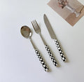 Retro Checkerboard Cutlery Set – Knife, Fork, and Spoon with Ceramic Handles