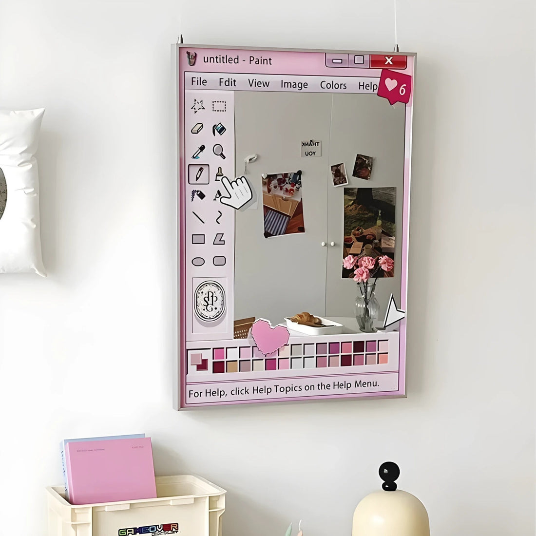 Rectangular wall mirror framed as a retro computer paint window with a color palette