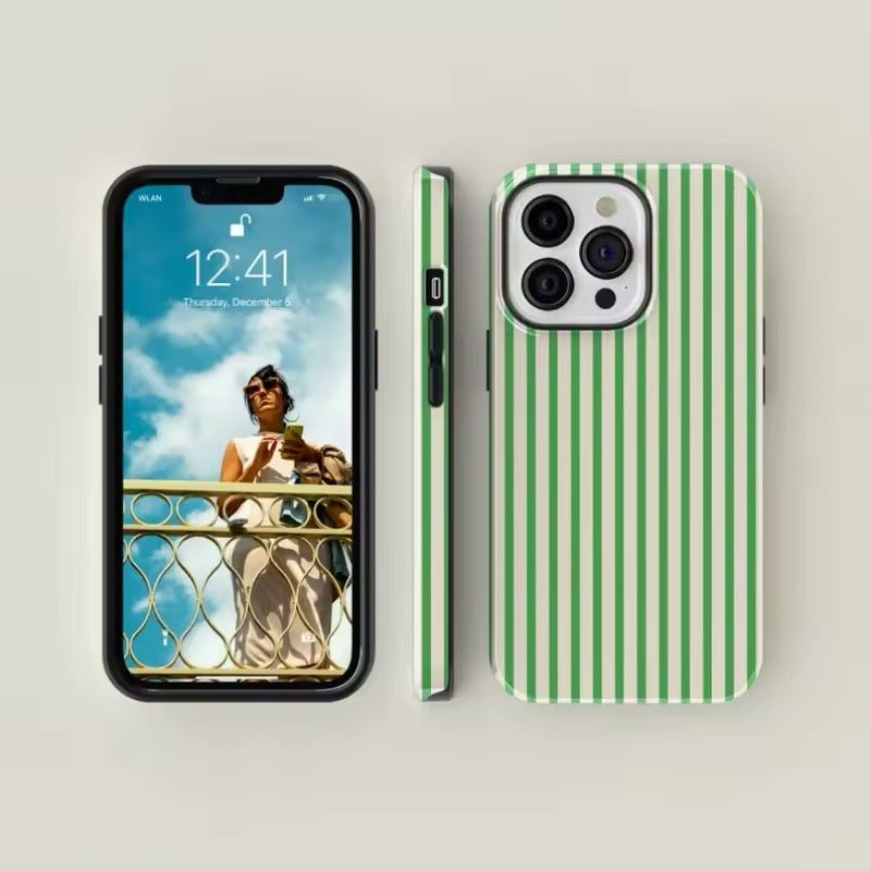 Green beige striped phone case with soft touch finish