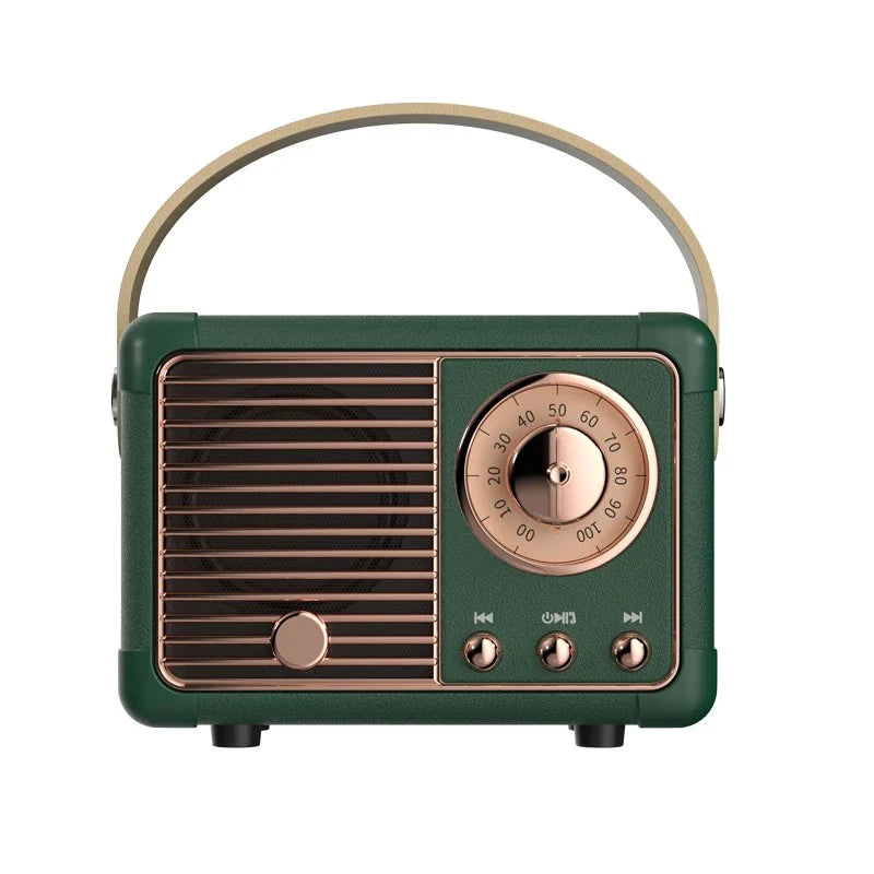 Vintage-style radio with green casing and bronze accents on a white background