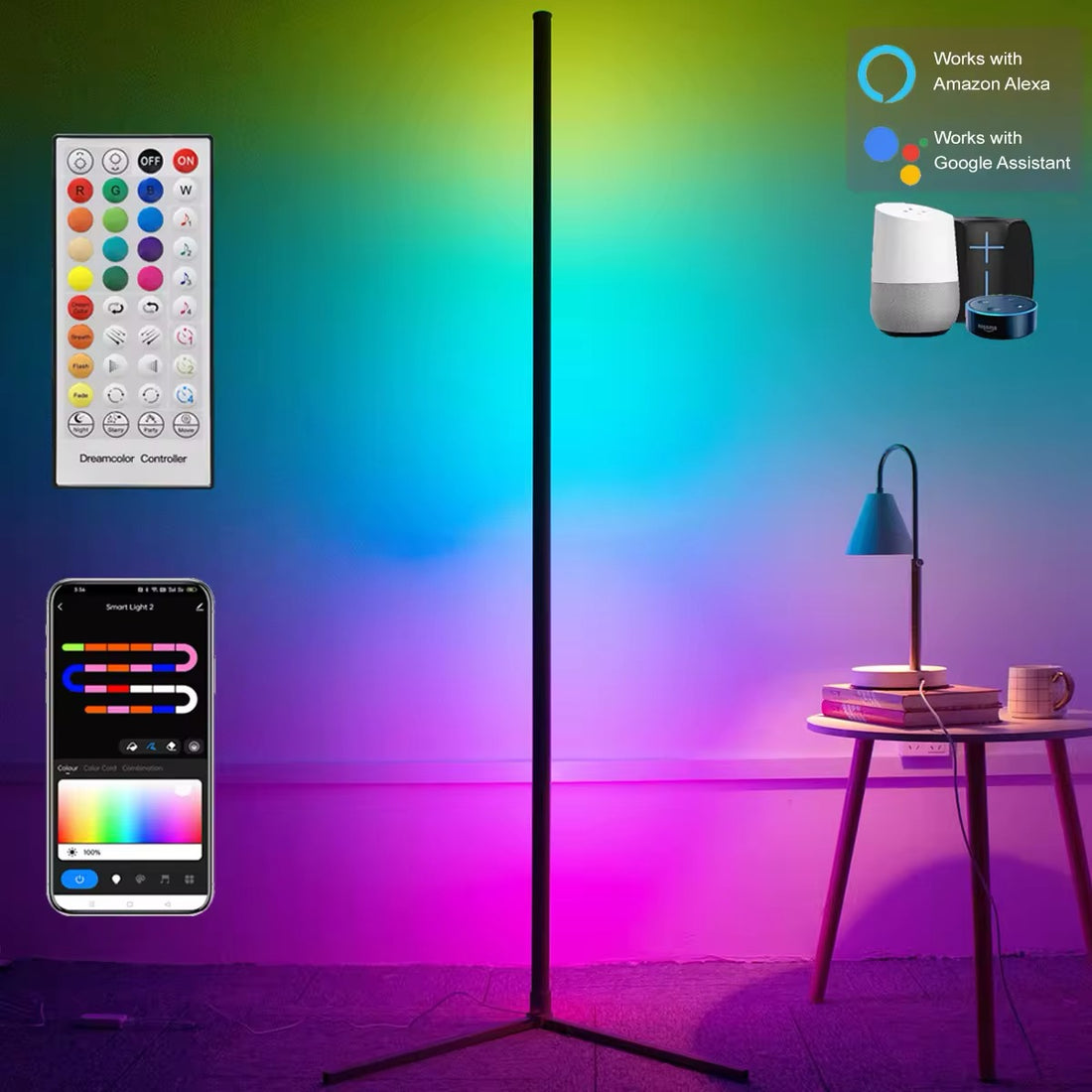 Smart LED corner floor lamp with RGB lighting and remote control