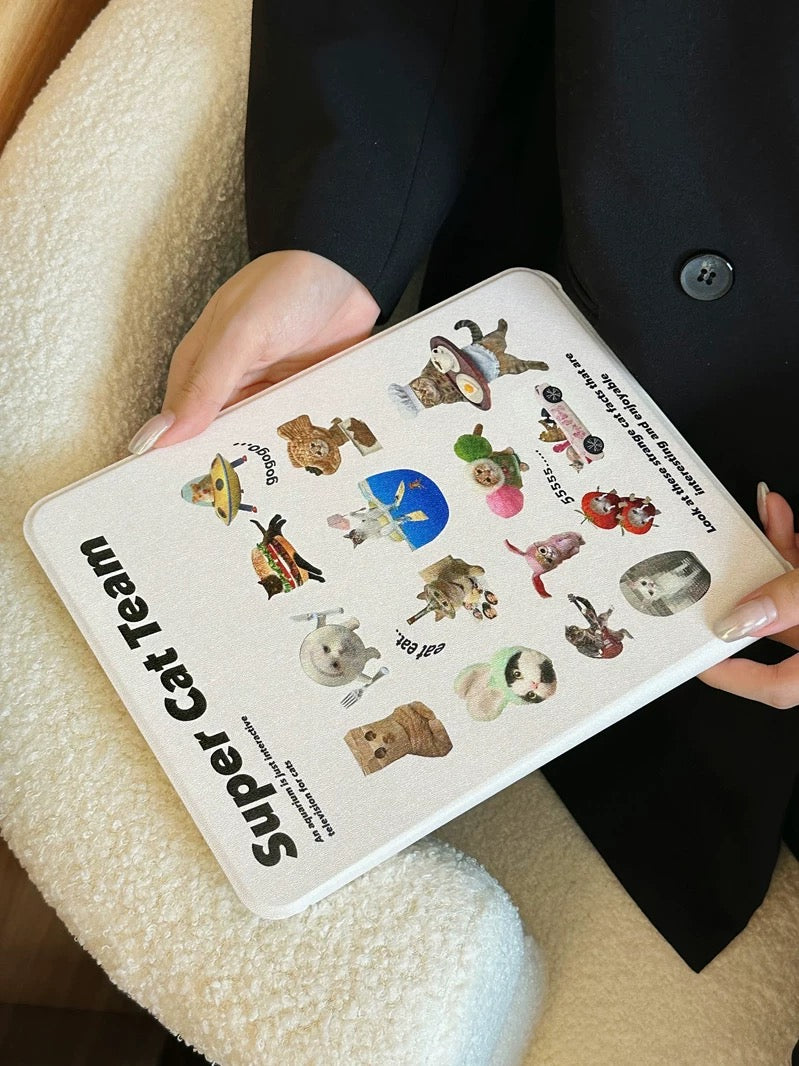 Cat-themed iPad case with Apple Pencil slot and foldable triangle stand