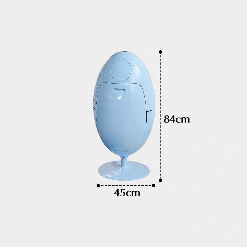 Blue egg-shaped device with dimensions indicated on a white background