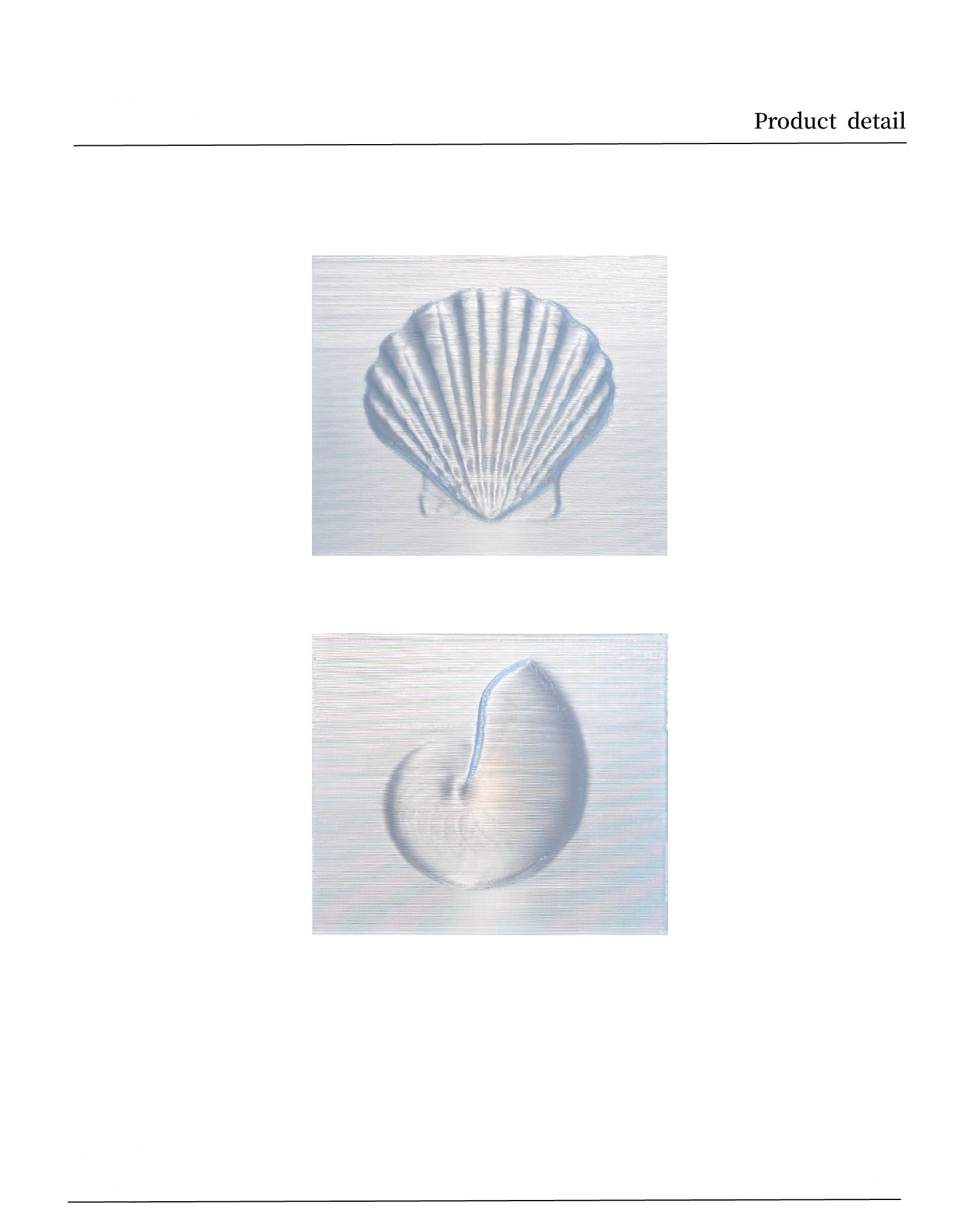 Two shell-shaped objects on a textured white background with 'Product detail' text.