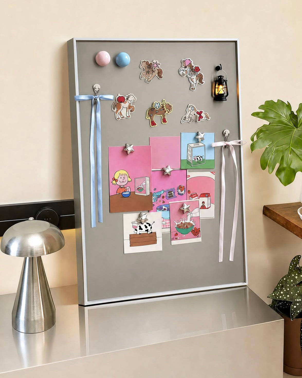A gray magnetic corkboard with a silver frame, decorated with colorful magnets, stickers, ribbons, and small photos, displayed on a tabletop in a styled home setting.