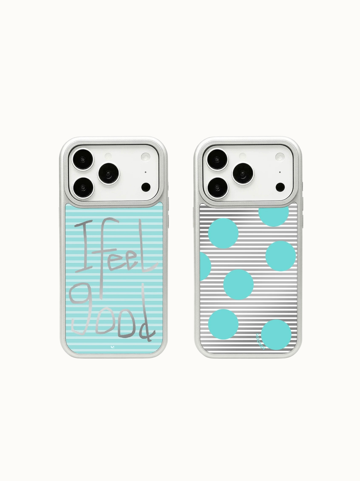 Two striped iPhone case designs have silver borders, with aqua lettering on one and aqua dots on the other.
