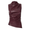 High-neck PU leather top in vintage burgundy for women