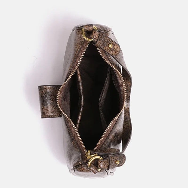 Stylish vintage crescent bag in coffee PU leather. Modern high-end shoulder bag with Y2K retro vibes for women.