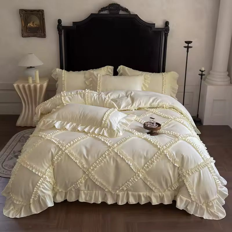 Elegant feminine bedding with double-layer ruffles and textured lace detail.