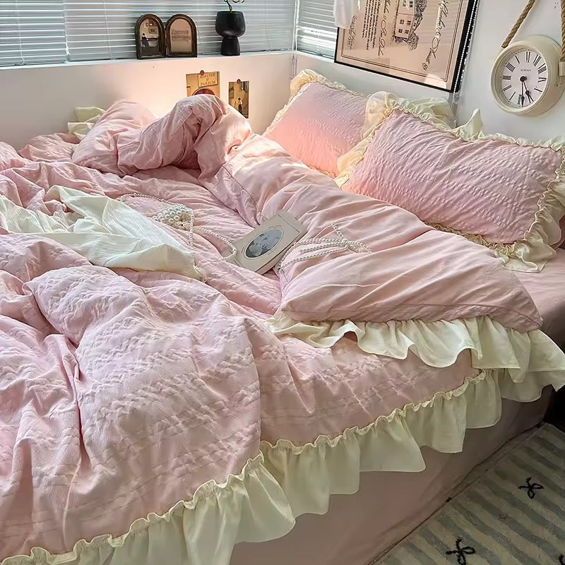 Lavender quilt cover and pillowcases with romantic cream frill trim