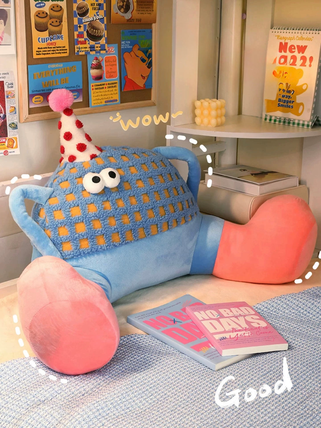 Children's room with plush toys and a book on a bed