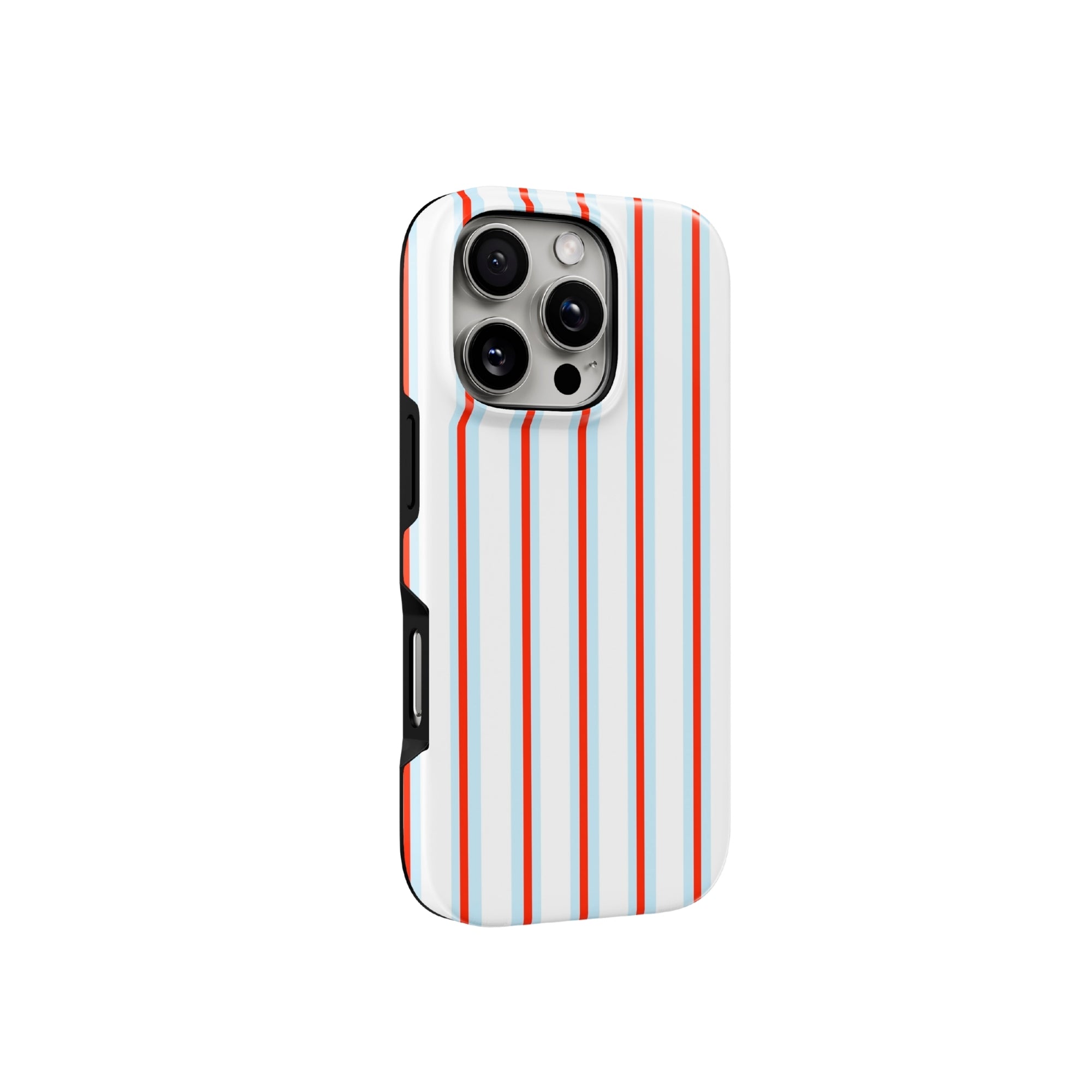 Phone case with red and white striped design on a white background