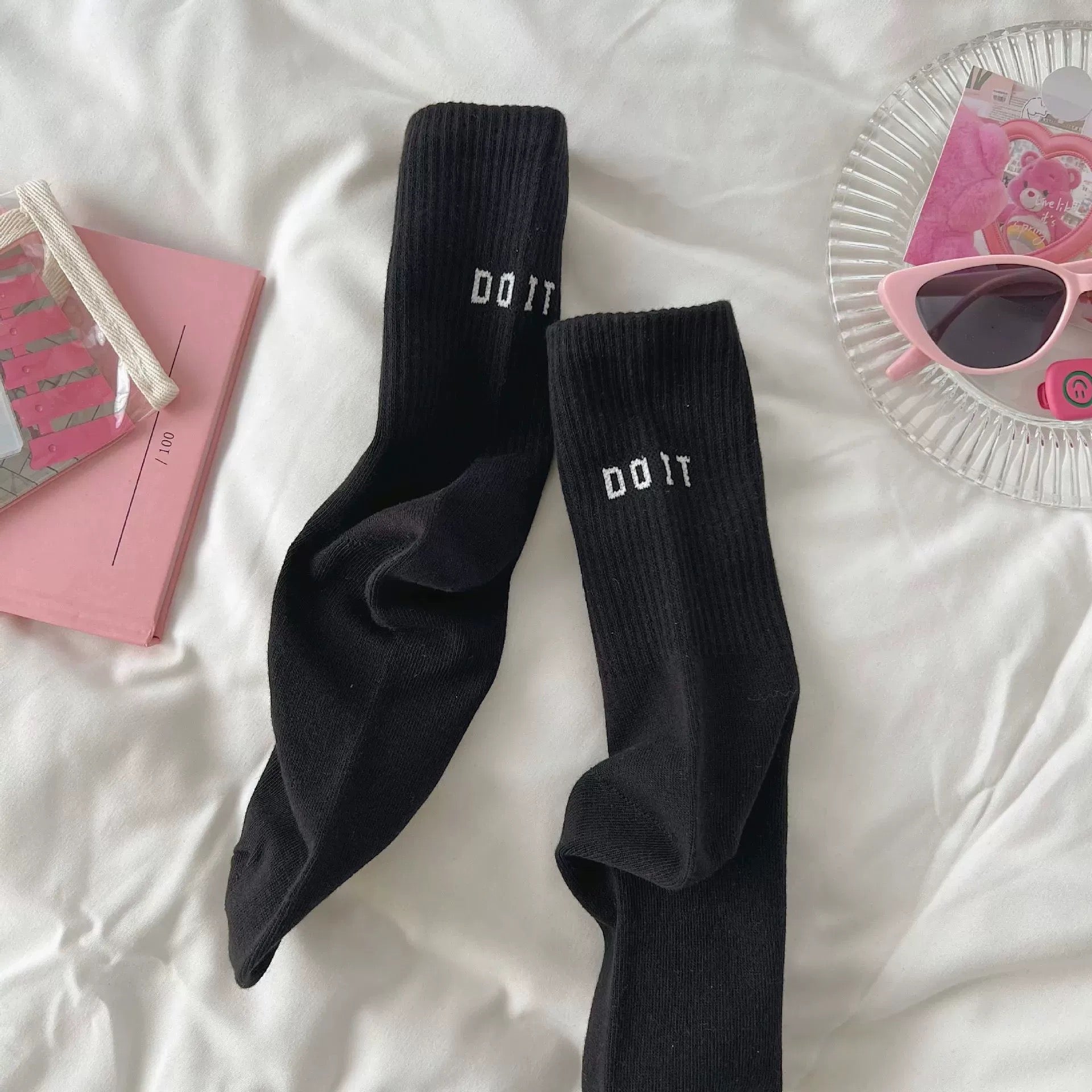 Y2K pink socks women trendy mid-tube casual letter print