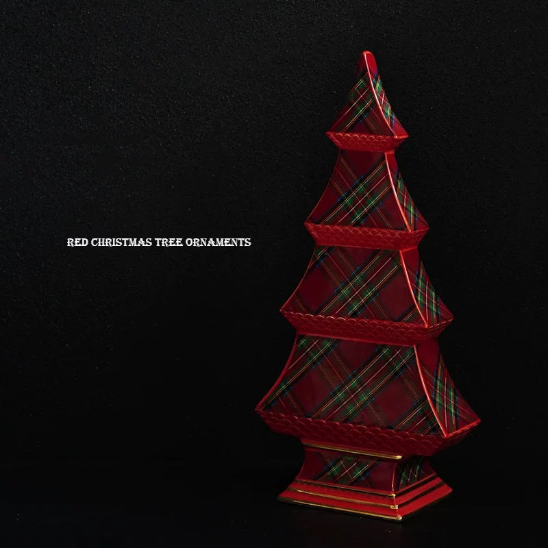 A red ceramic Christmas tree shows diagonal plaid panels, raised tier edges and gold colored trim around the base.