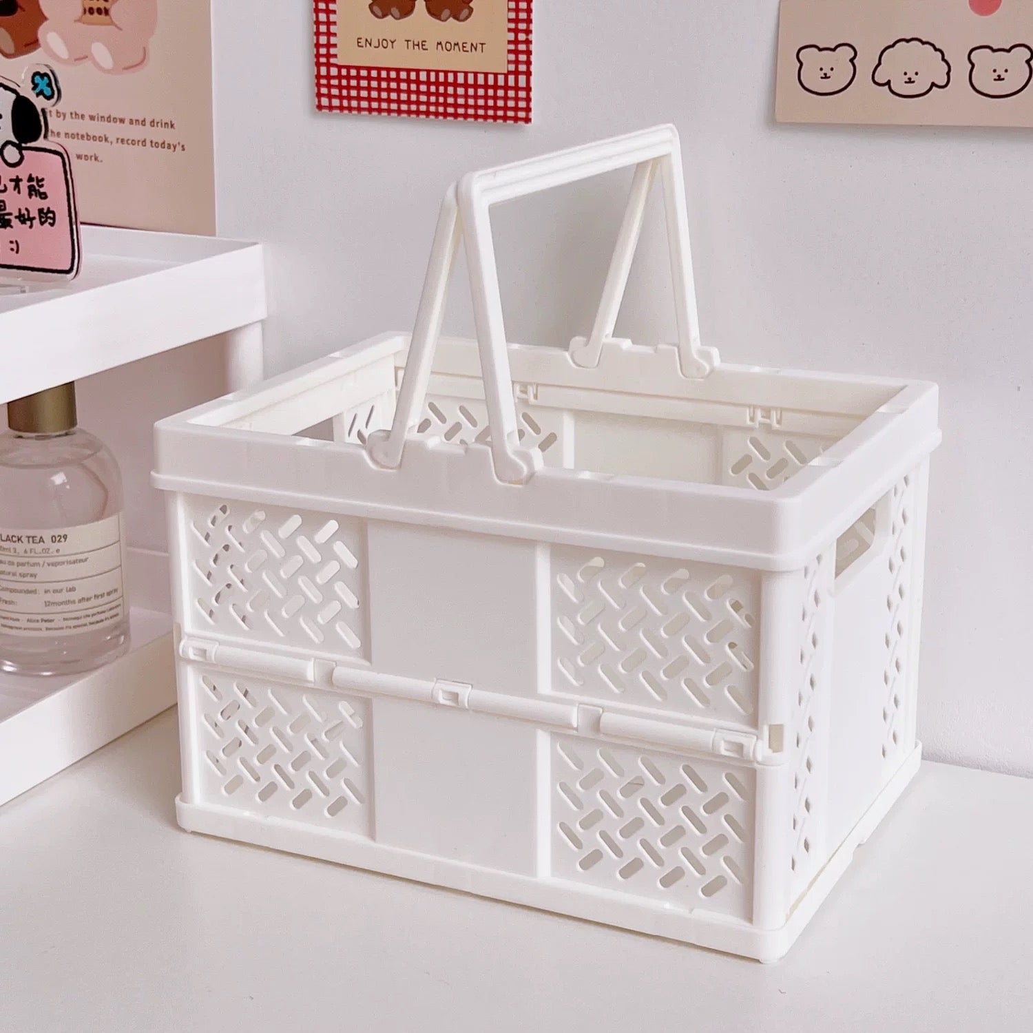 Korean-style crate placed on a white desk beside aesthetic desk lamps