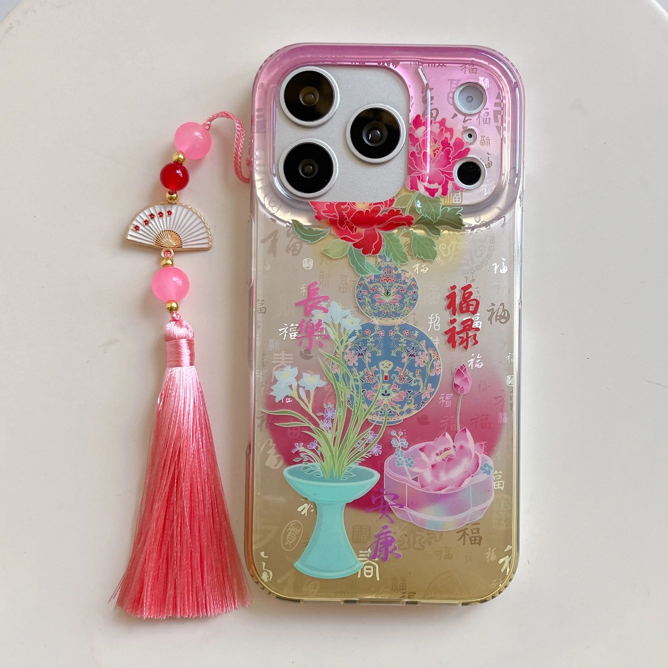 Traditional Chinese peony floral silicone iPhone case with pink gradient lotus artwork optional tassel accessory