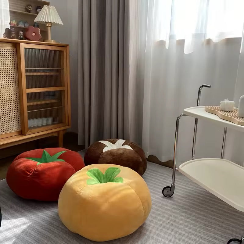Plush red tomato pillow with green stem
