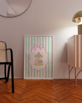 Digital download of baby girl nursery wall art with fairytale balloon and carousel illustrations in pastelcore style.