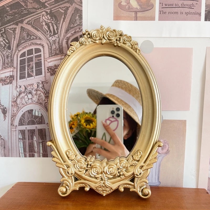 Vintage Gold Aesthetic Carving Frame Table Mirror for Bedroom Decor