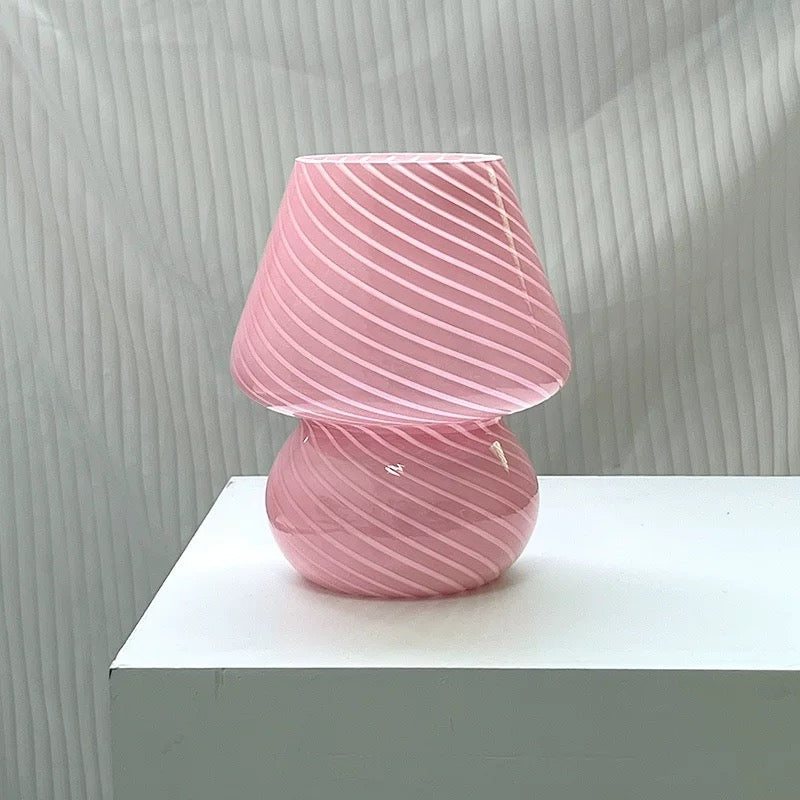 Vintage Murano glass mushroom desk lamp with striped LED light, perfect for coquette room decor and soft girl bedroom aesthetics.
