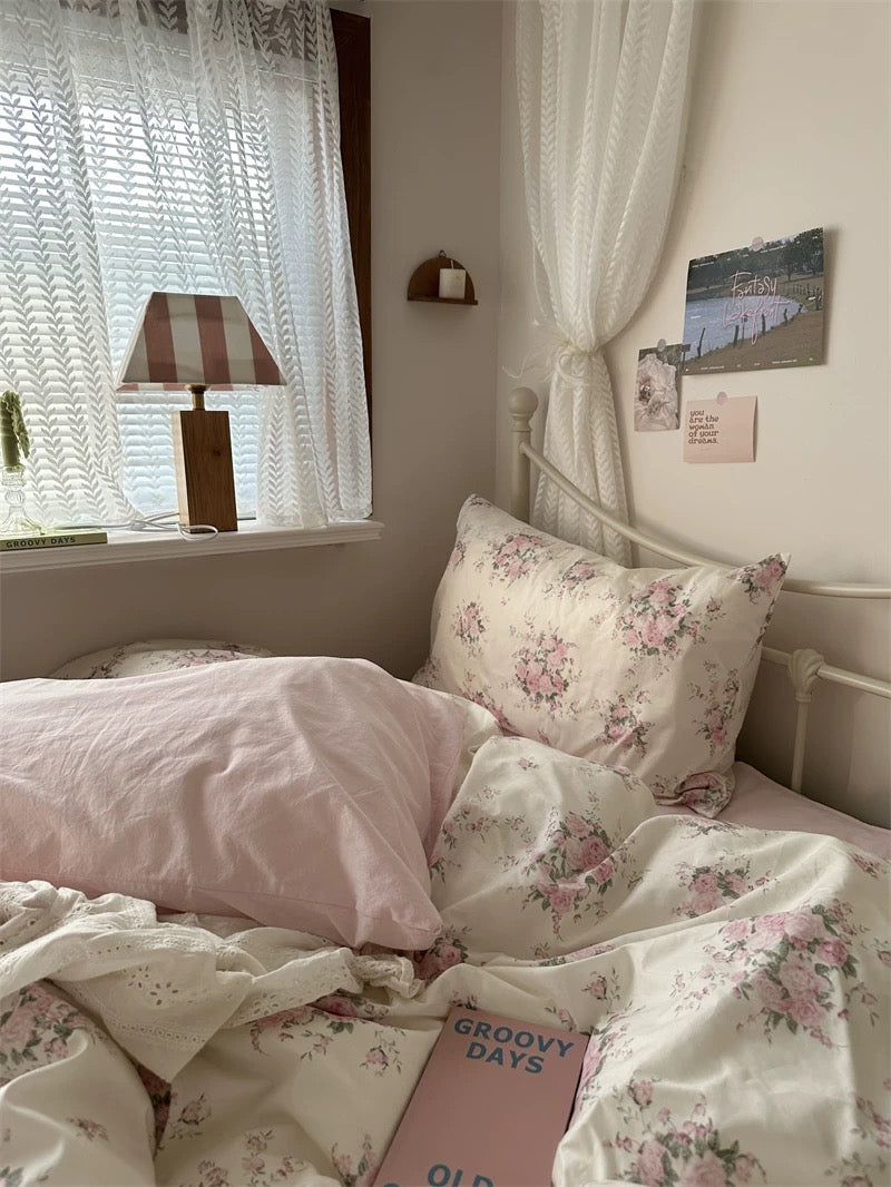 Vintage floral cotton bedding set with pink roses creating romantic cottagecore bedroom décor for everyday comfort beautifully.