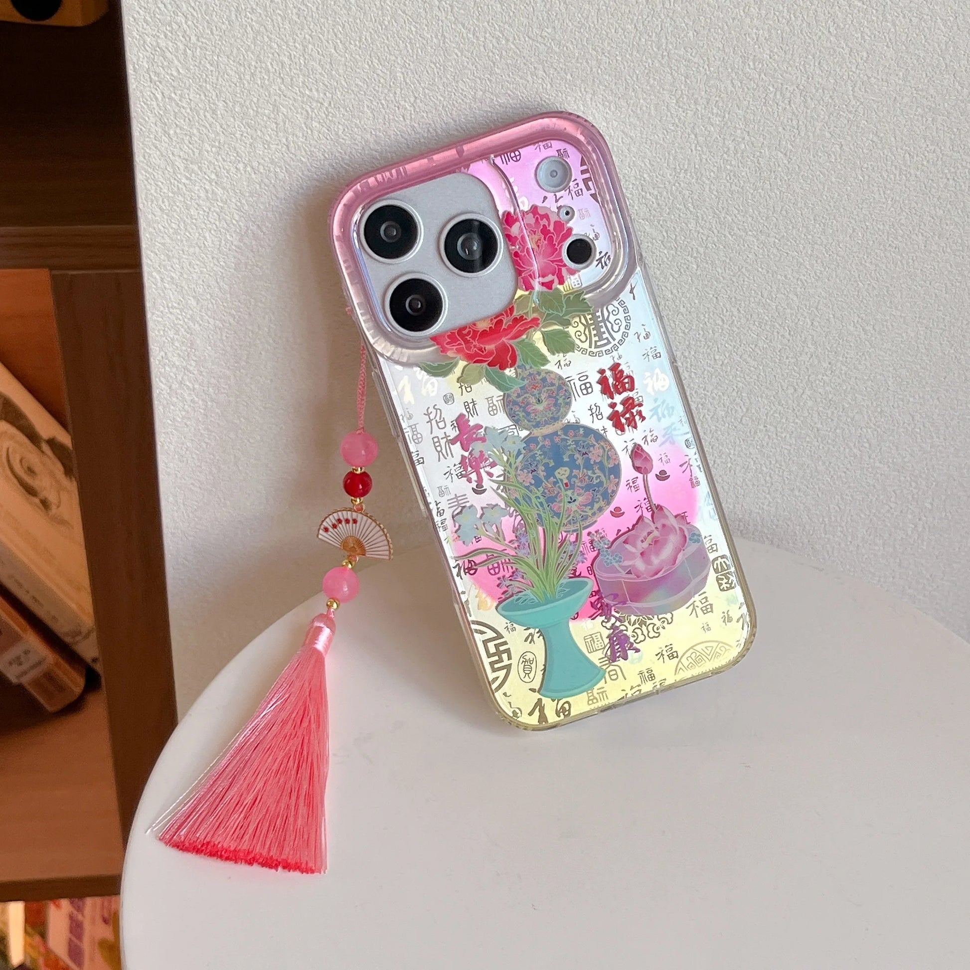 Coquette inspired floral silicone iPhone case with pink gradient peony artwork decorative Chinese calligraphy accents