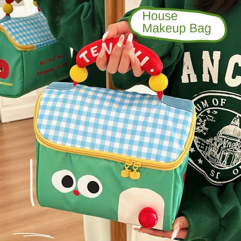 Charming cottage-shaped pouch with zipper closure, fits skincare, cosmetics, and travel essentials with aesthetic flair