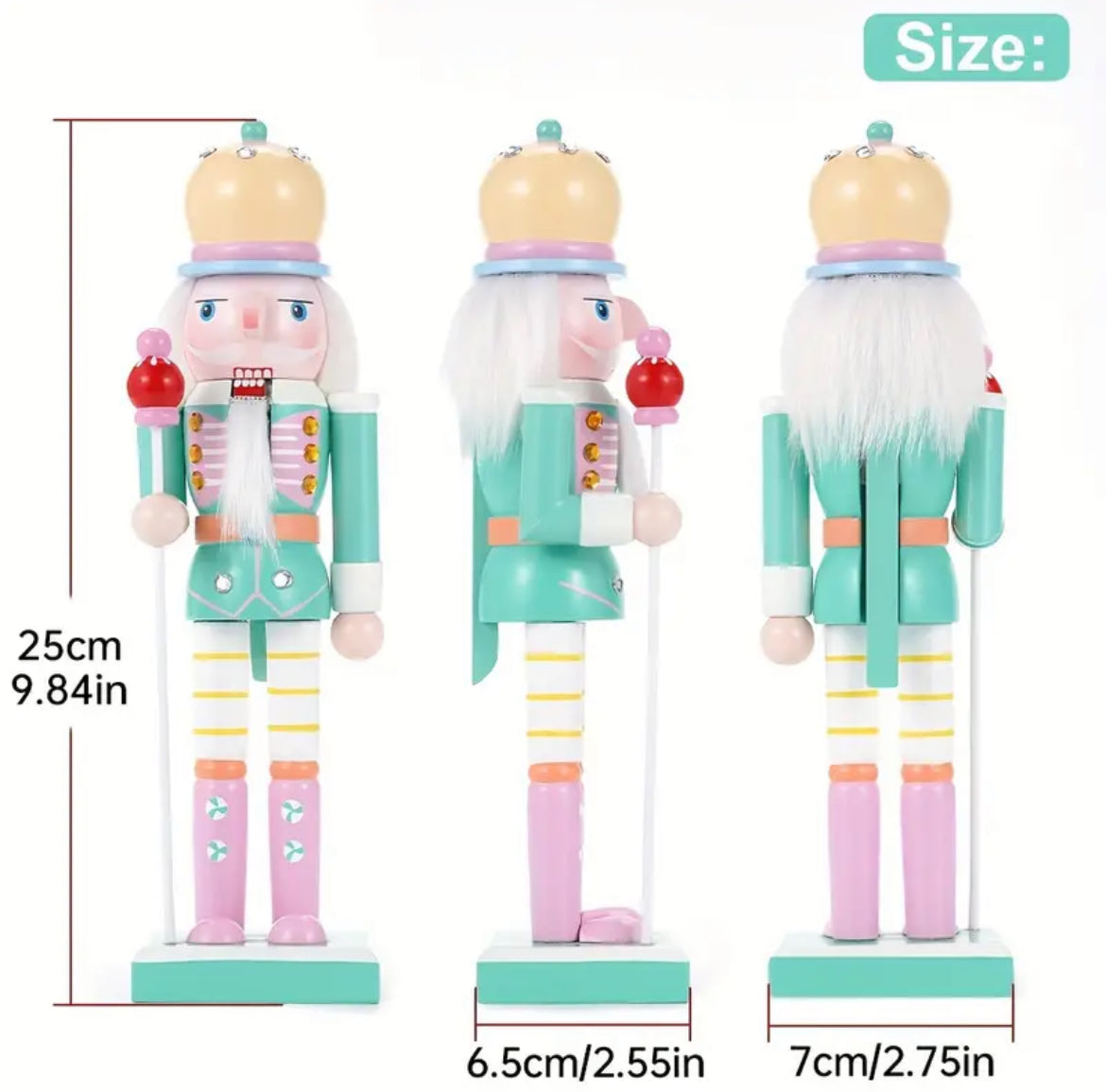 Elegant wooden nutcracker soldier for colorful Christmas decor. Handcrafted ornament ideal for tree or mantel decorations.