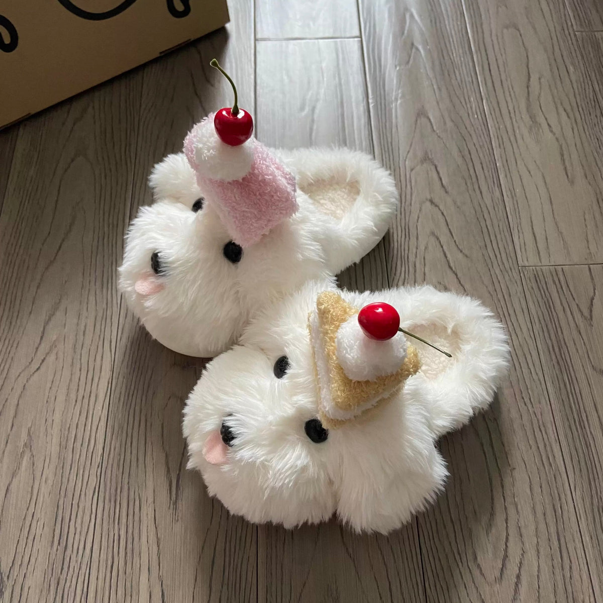 White cake slippers for women with puppy faces and cherry details