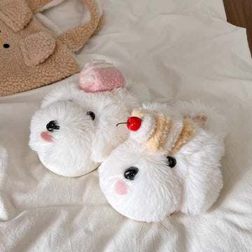 White cherry dog slippers with plush puppy faces and cake details