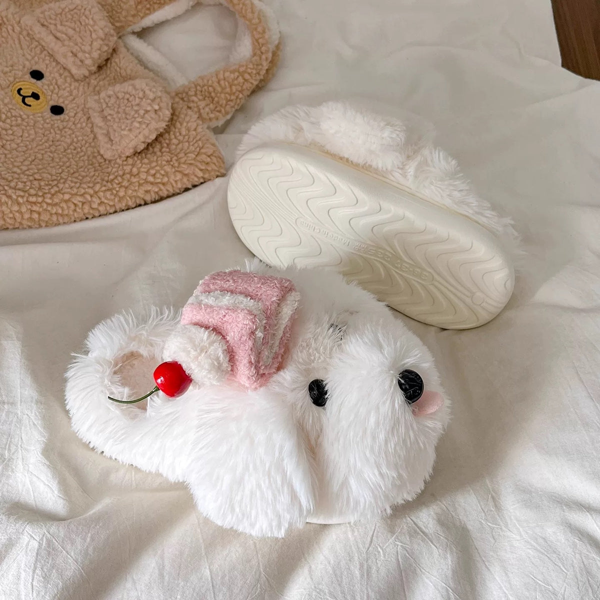 White dog house slippers showing the plush puppy side profile