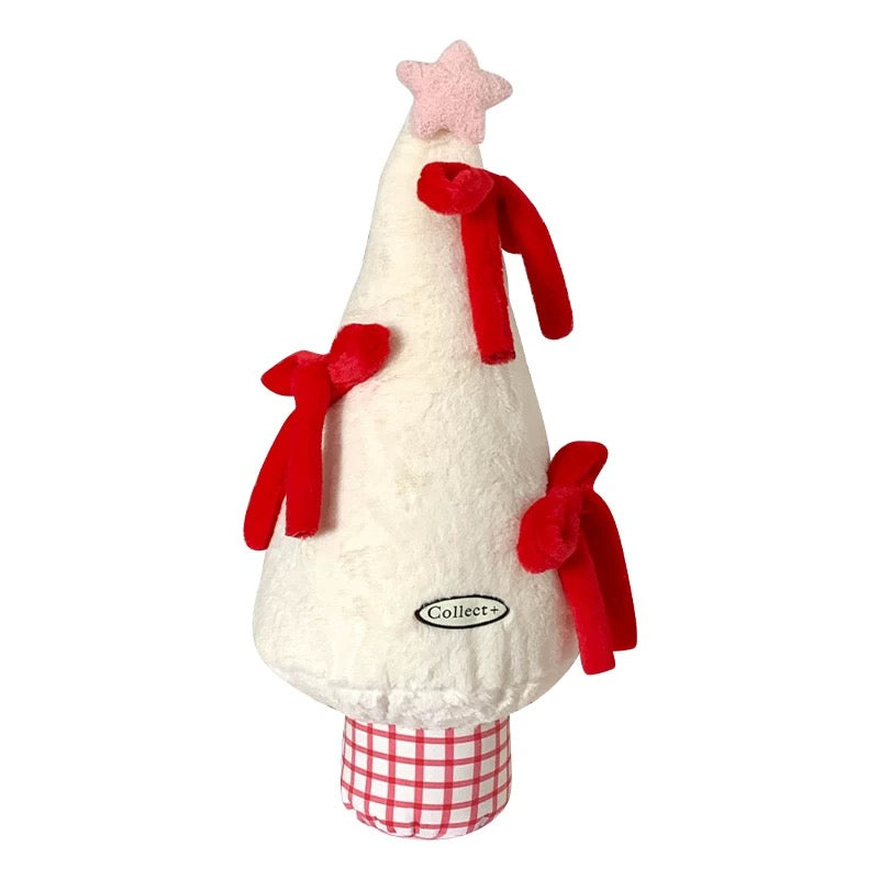 White Christmas tree cushion with red plush bows and red checked base