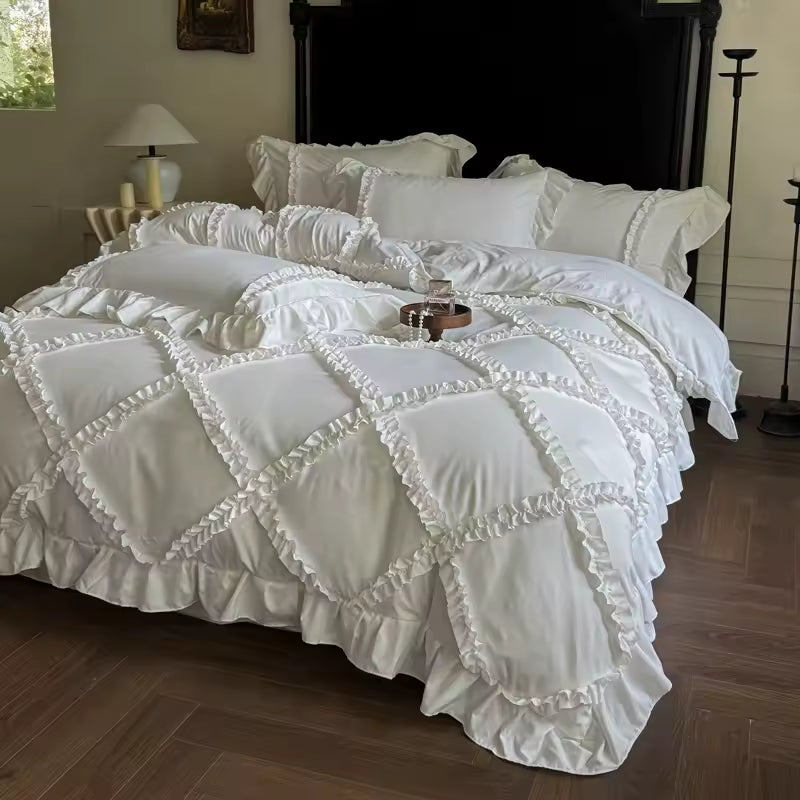 White French princess ruffle bedding set with double-layer lace and soft duvet cover.