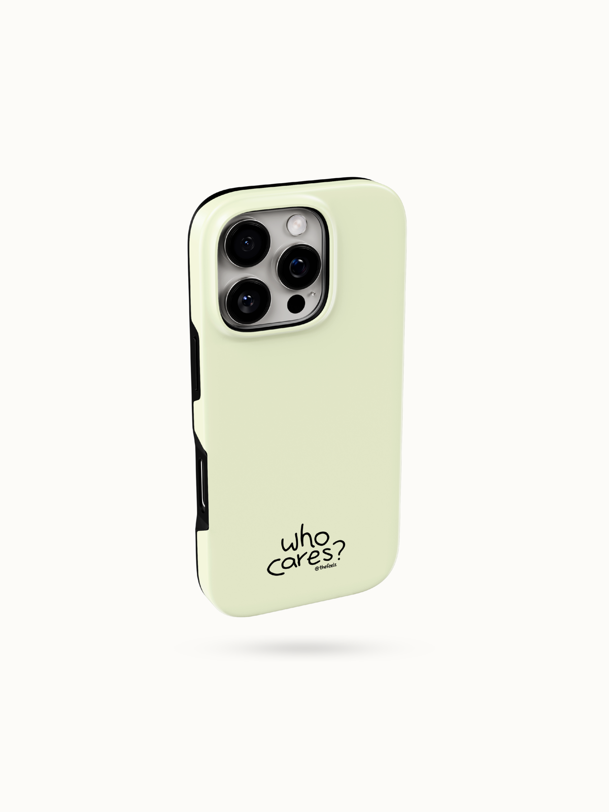 Butter yellow iPhone case with a tiny black who cares print near the bottom, three-quarter back view with camera cutout
