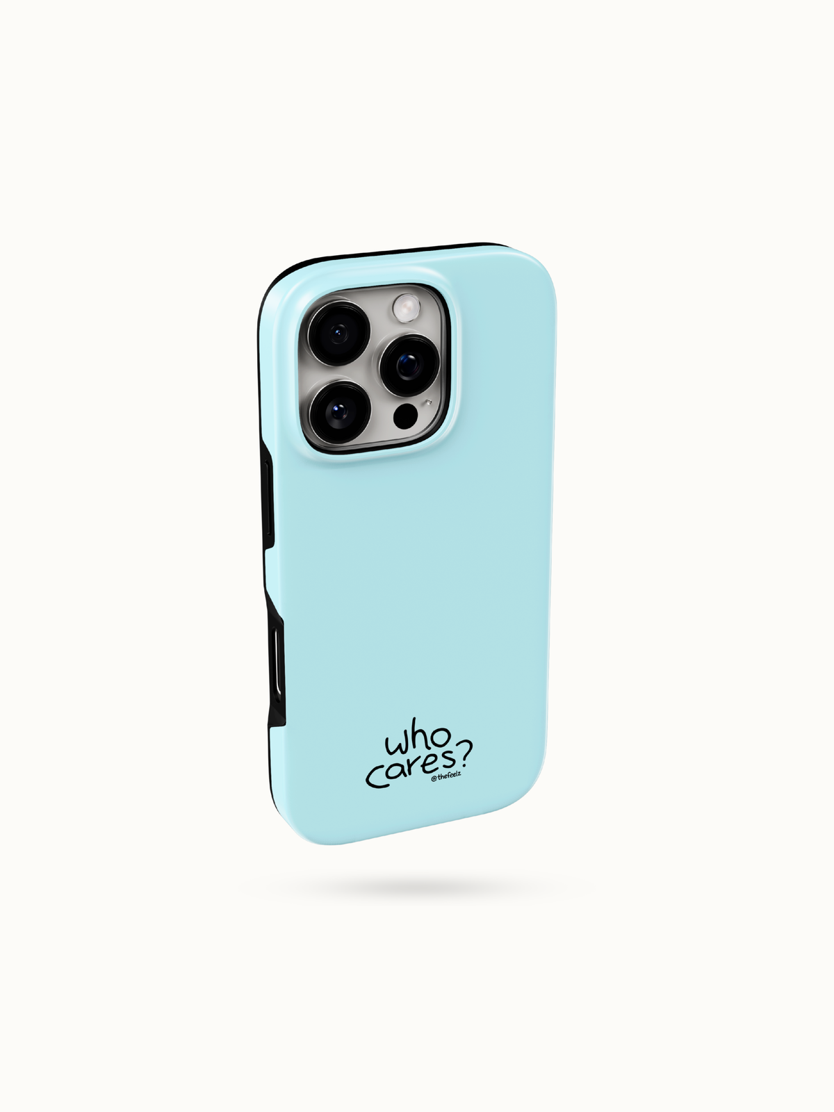 Light blue iPhone case with a tiny black who cares print near the bottom, three-quarter back view with camera cutout