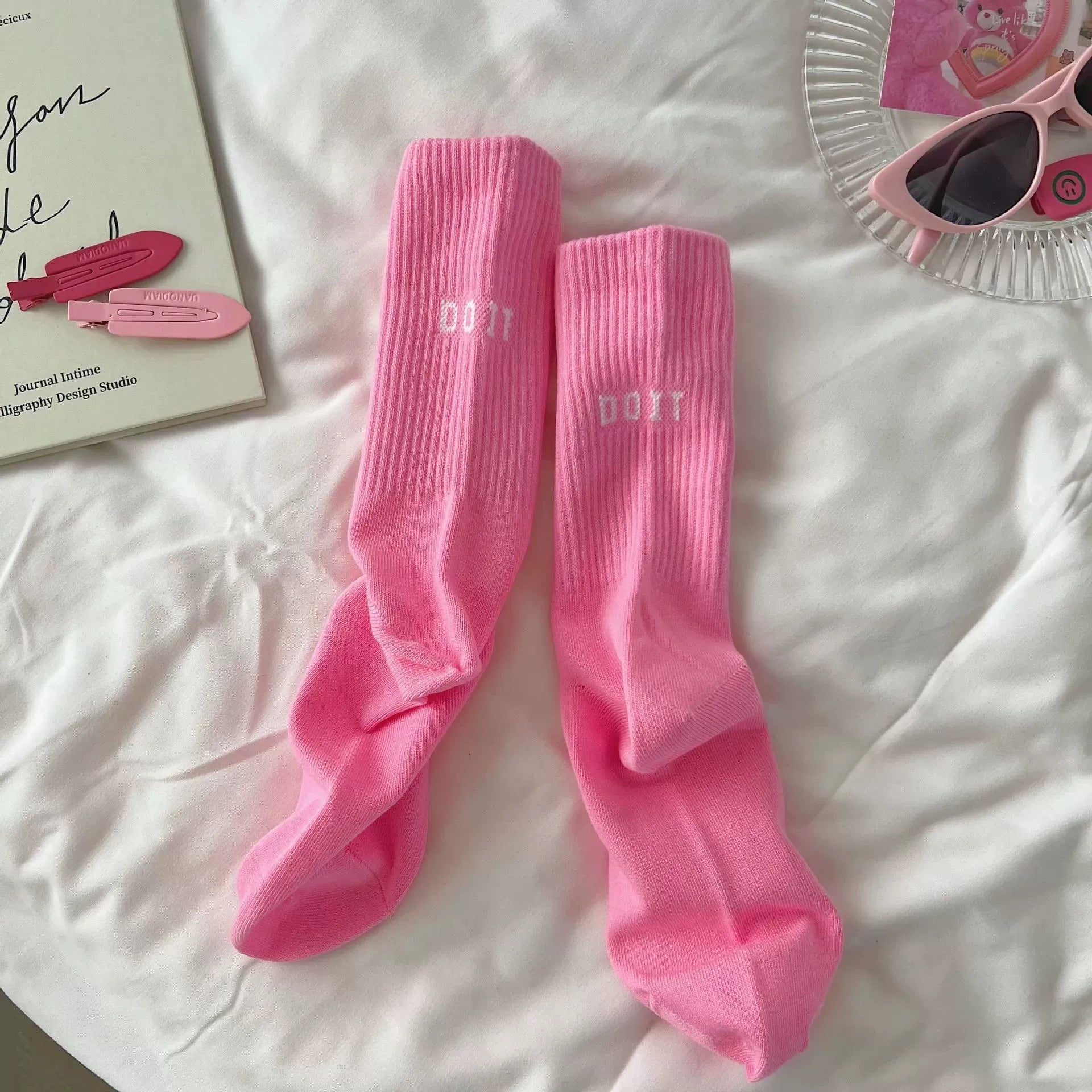 Y2K pink cotton socks women casual letter mid-tube style