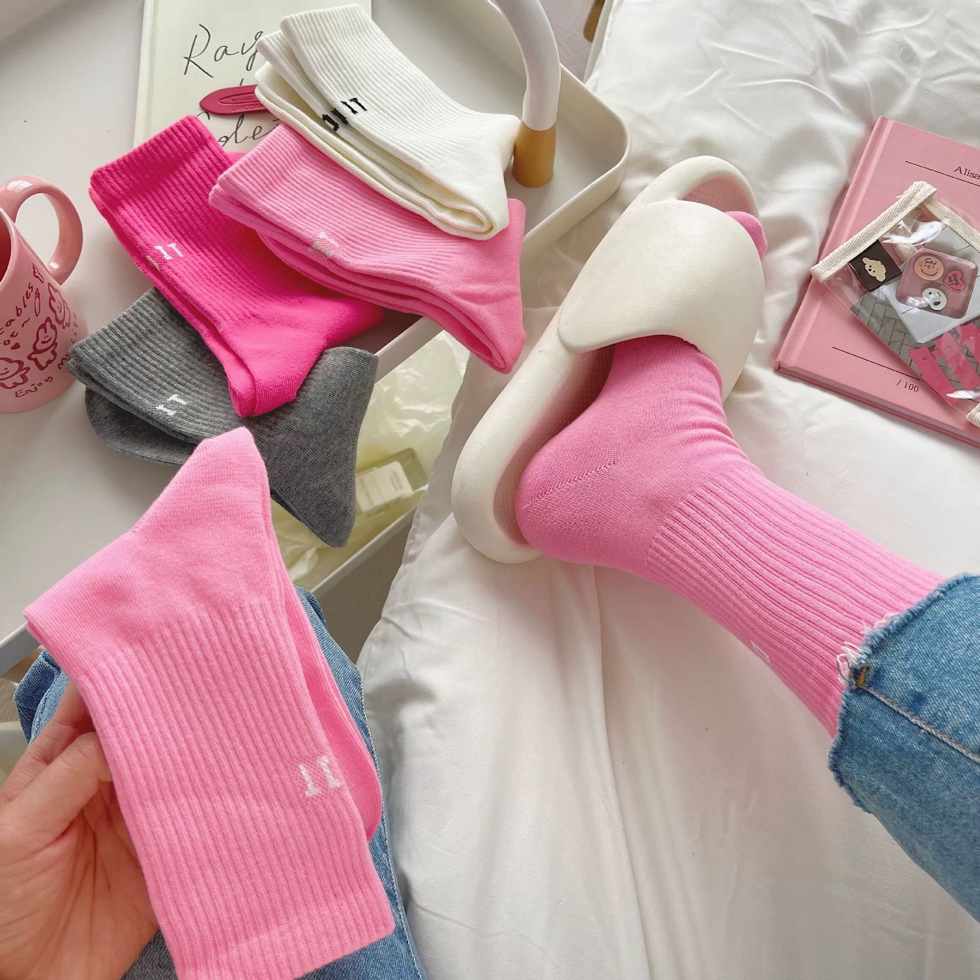 Harajuku pink socks Y2K women letter streetwear casual style