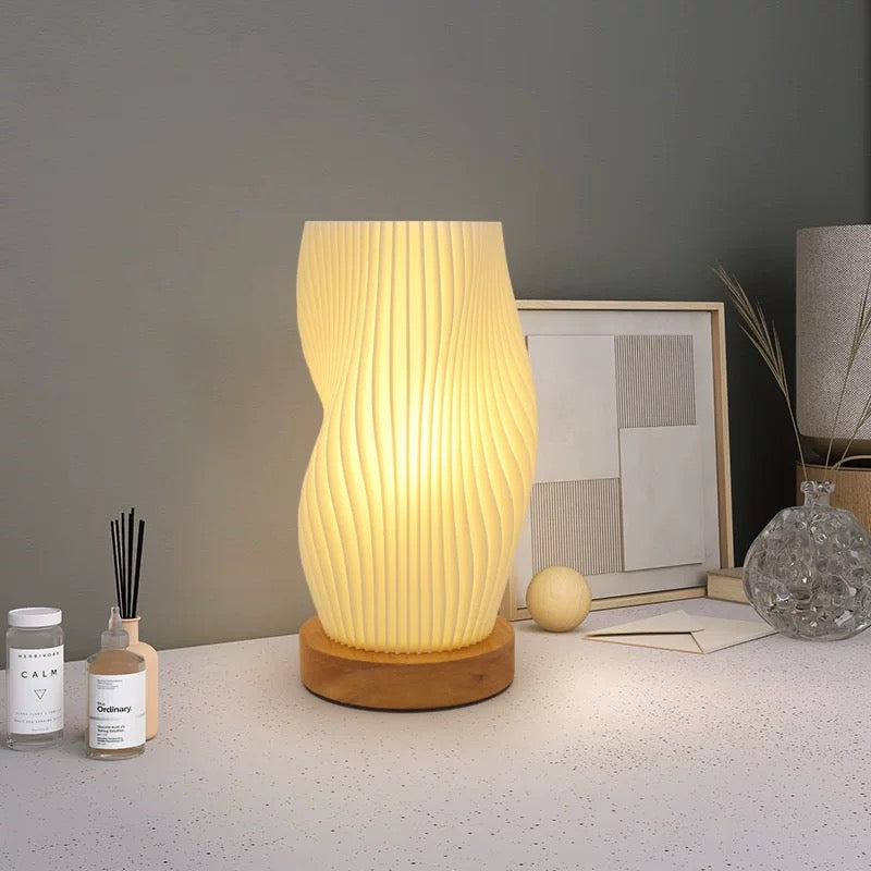 Striped modern bedside desk lamp with USB charging and wooden holder. Elegant pleated lampshade design for Nordic and French cream styles.