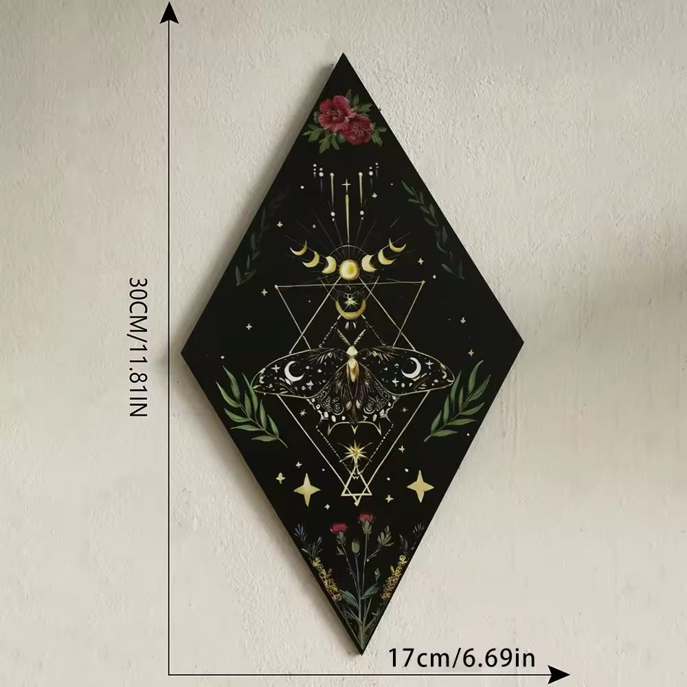 Vintage geometric wooden wall decor with moon design