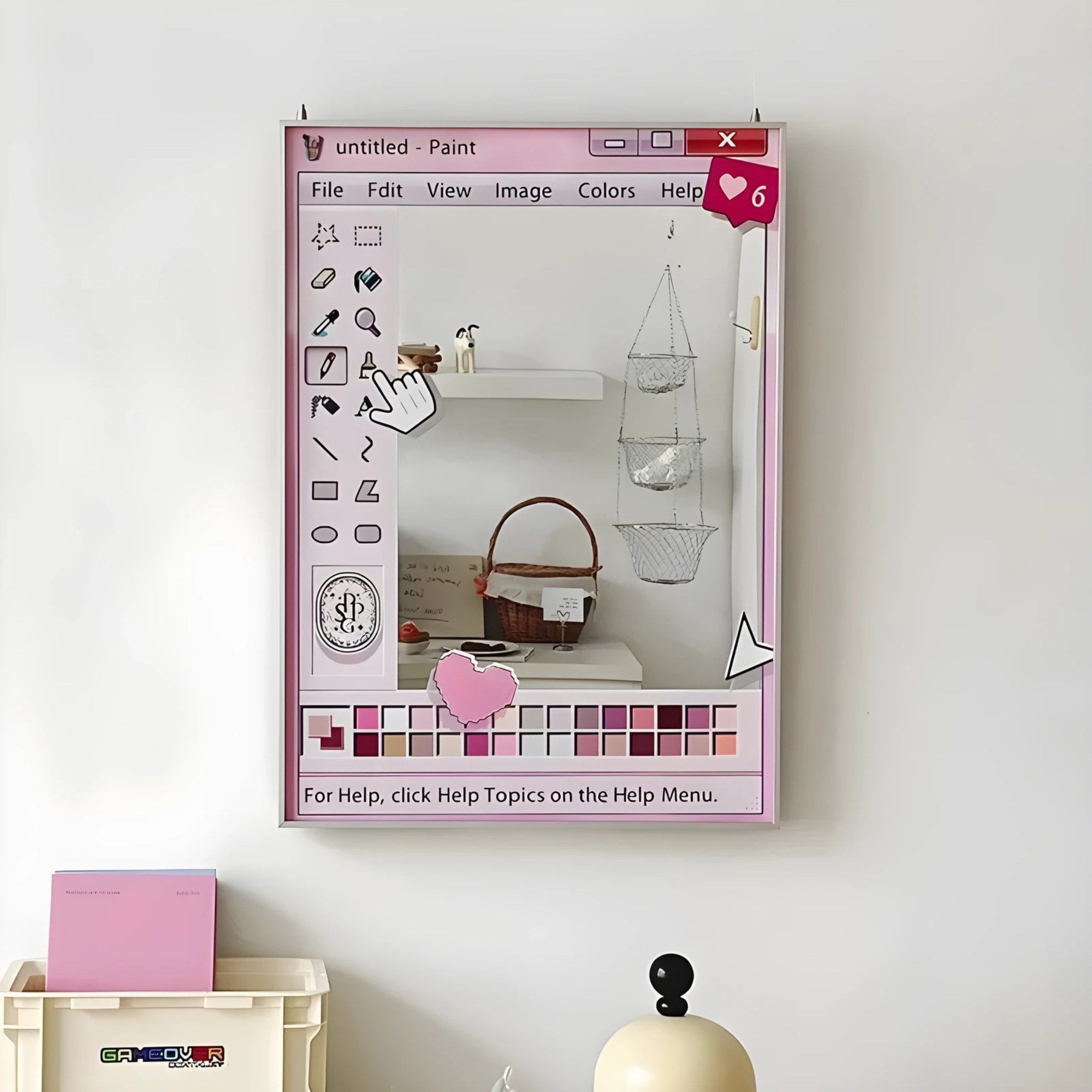 Rectangular wall mirror framed as a retro computer paint window with a color palette